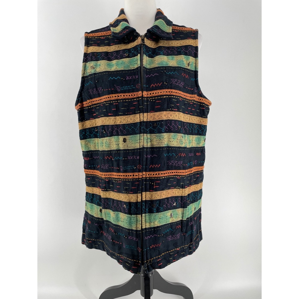 Chico's Zip Up Vest Womens Large Black Embroidered Boho Artsy Southwestern Folk‎
